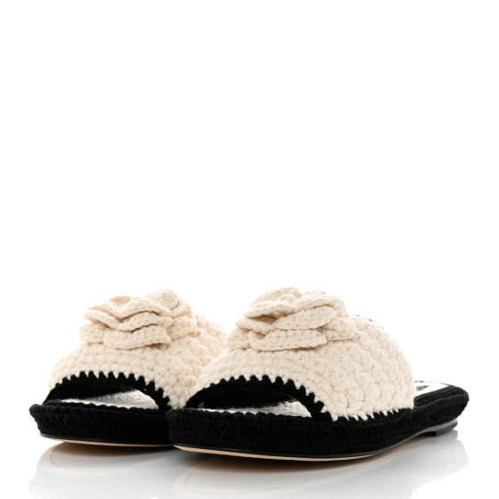 [CHANEL]★Crochet Mule Sandals CHANEL Crochet Striped Enamel Camellia Mules Sandals 36.5