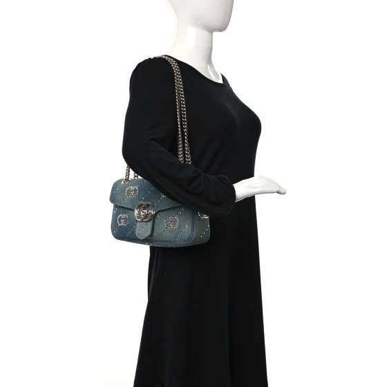 グッチ☆ショルダーバッグ ロゴ スモール デニム クリスタル GUCCI Denim Crystal Applique Small GG Marmont Shoulder Bag
