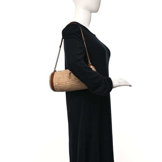 SAINT LAURENT Raffia Monogram Cassandre Small Cylindric Bag