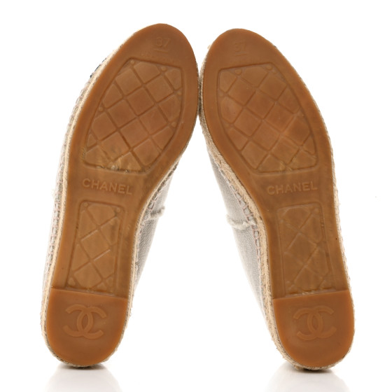 CHANEL Linen CC Espadrilles 37 White Black 1440504