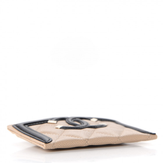 CHANEL Caviar Quilted Filigree Card Holder Beige Black
