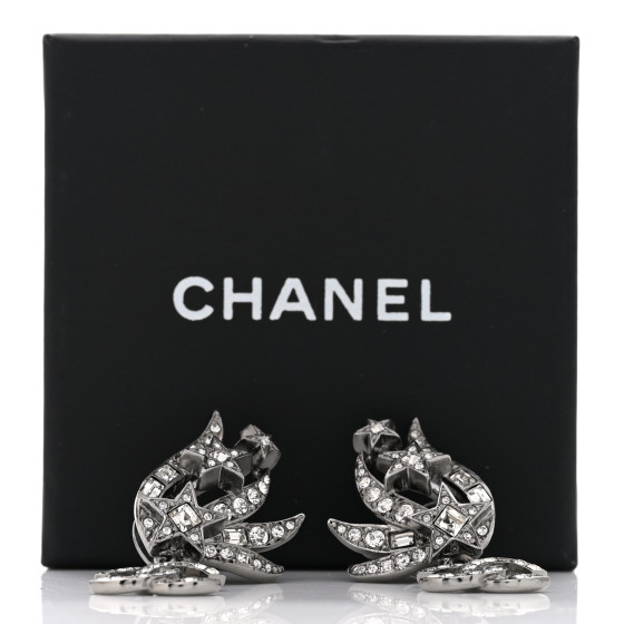 CHANEL Crystal Baguette CC Wing Star Earrings Silver 1258039