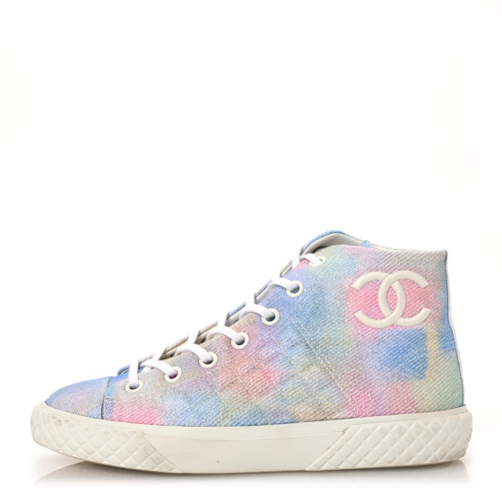 CHANEL Printed Fabric Quilted High Top Sneakers 38.5 Green