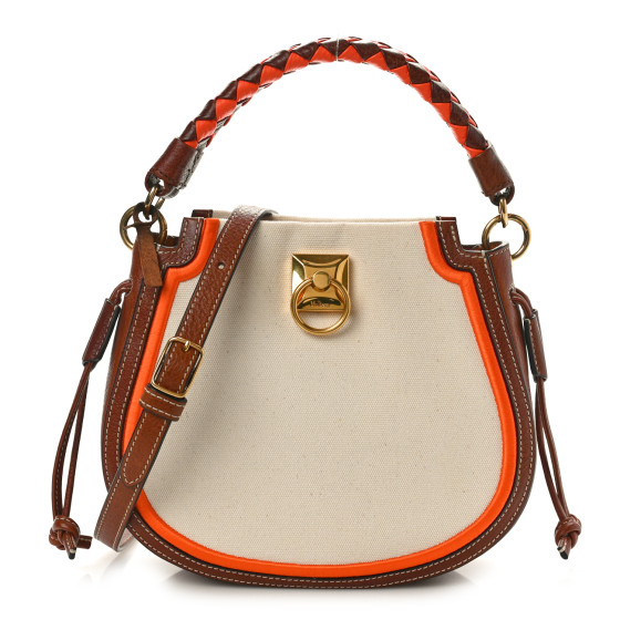MULBERRY Canvas Calfskin Mini Iris Hobo Ecru Oak Orange