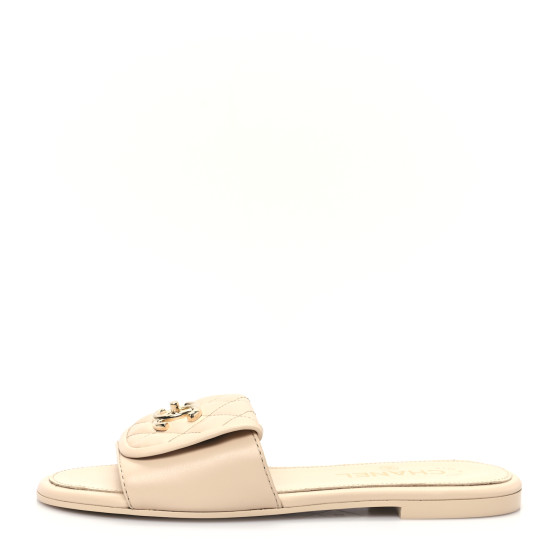 CHANEL Lambskin Quilted Turnlock Flat Mules 37 Light Beige