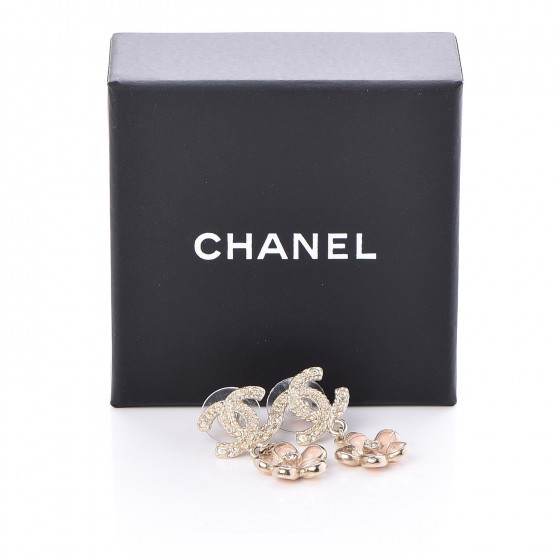 CHANEL Metal Resin Diamante CC Flower Earrings Gold Beige