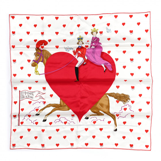 エルメス ティー タイム HERMES Silk Tea Time Scarf 70 White Framboise Rouge 902280