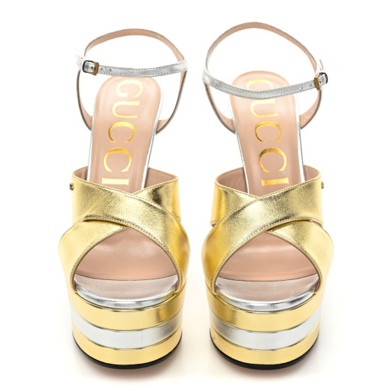 GUCCI Metallic Nappa Double G 40/135mm Platform Sandals 39 Gold Silver