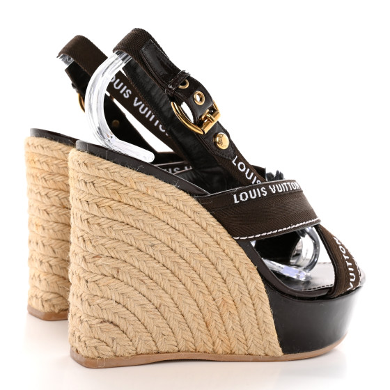 LOUIS VUITTON Patent Logo Espadrille Wedge Sandals 36 Brown