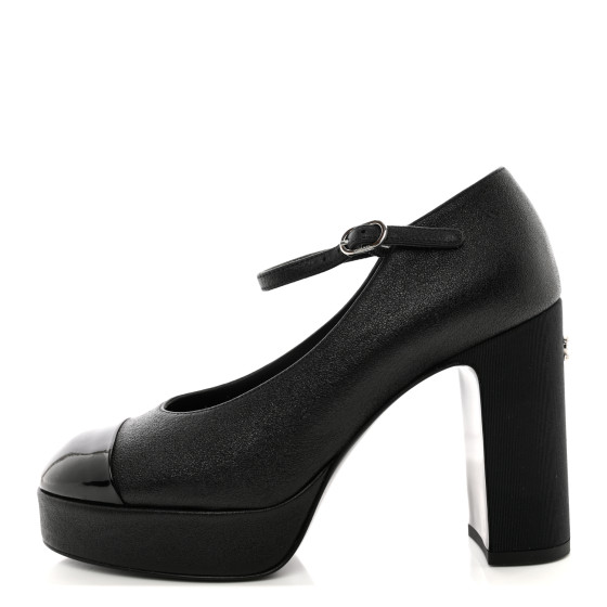 エレガント◆送料込【CHANEL】メリージェーン Lambskin ＆ Black CHANEL Lambskin Patent Cap Toe Mary Jane Platform Pumps 35