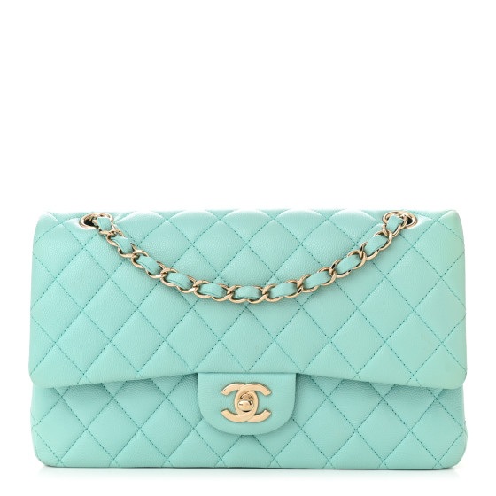 Caviar Quilted Medium Double Flap Light Blue