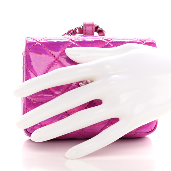 CHANEL Iridescent Mirror Goatskin Hook Card Holder Fuchsia