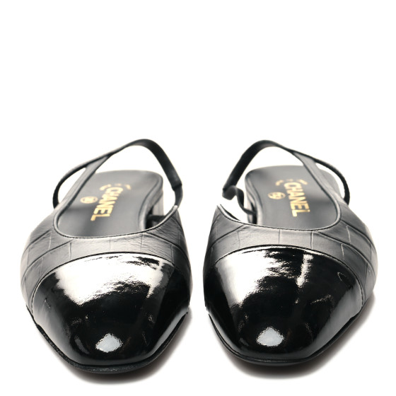 CHANEL Calfskin Crocodile Embossed Patent Cap Toe CC