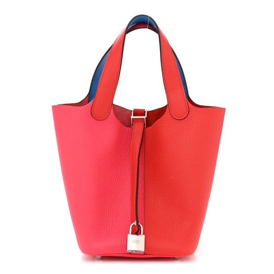 Taurillon Clemence Tri-Color Picotin Lock 18 PM Rouge Coeur Rose Extreme Bleu Zanzibar