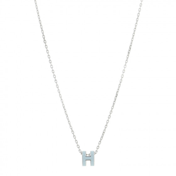 HERMES Lacquered Palladium Mini Pop H Pendant Necklace Bleu