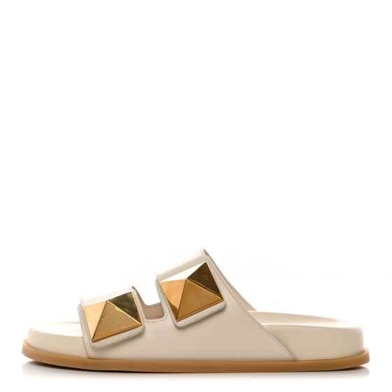 VALENTINO GARAVANI Calfskin Roman Stud Slide Sandals 40 Light Ivory