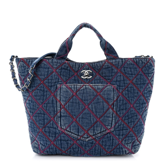 CHANEL Denim Stitched Coco Beach Shopping Tote Blue