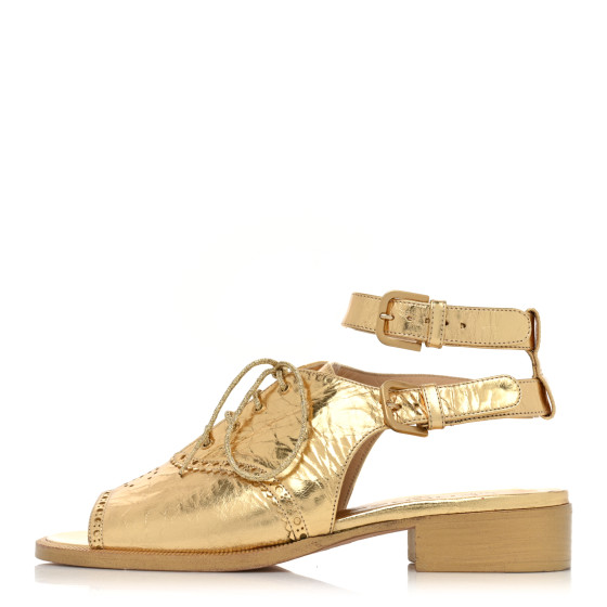 CHANEL Metallic Calfskin CC Brogue Lace Up Ankle Strap