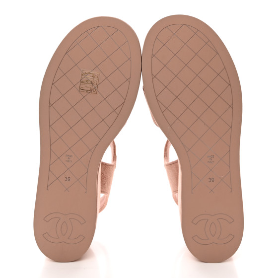 CHANEL Suede Calfskin Peep Toe Wedge Sandals 39 Light Pink