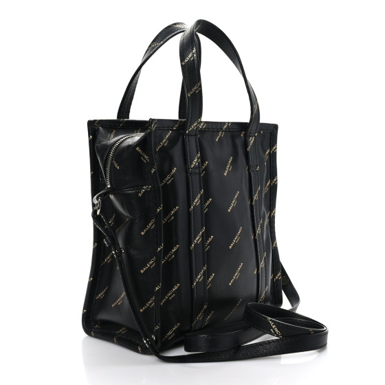 BALENCIAGA Calfskin Allover Logo XS Bazar Shopper Tote Black