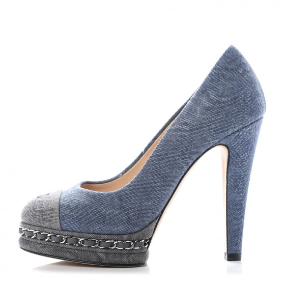 CHANEL Denim Chain Around Cap Toe Platform Pumps 38 Blue