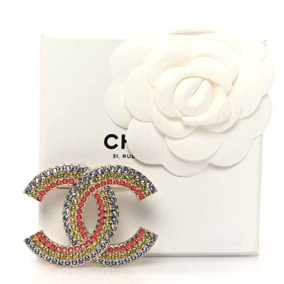 CHANEL Crystal Rainbow CC Brooch Gold Multicolor 1633677