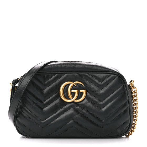 GUCCI Calfskin Matelasse Small GG Marmont Chain Shoulder Bag Black