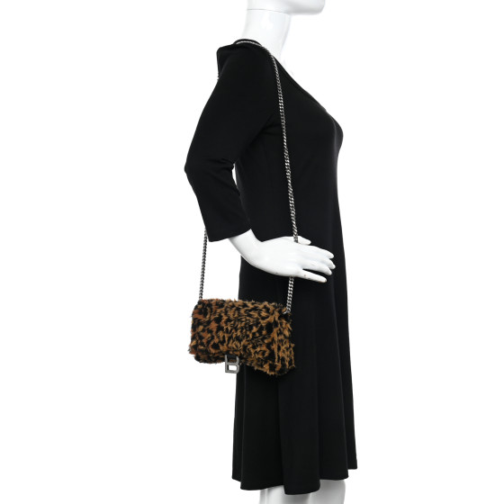BALENCIAGA Fleece Leopard Print Hourglass Chain Bag Brown