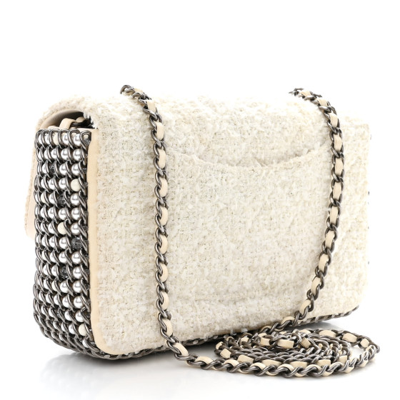 【ヴィンテージ】Rank:S☆Chanel White モノクロ Tweed Flap bag Chanel White Tweed Medium Classic Double Flap Shoulder Bag