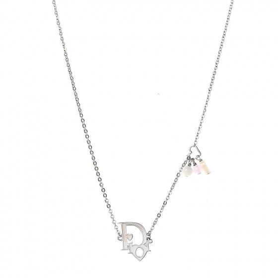 CHRISTIAN DIOR Logo Pendant Necklace Silver White 506356