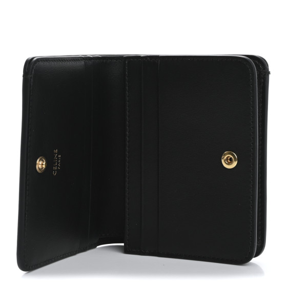 CELINE Shiny Calfskin Triomphe Compact Wallet Black 1666554