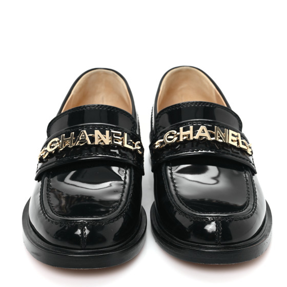 CHANEL Shiny Calfskin Logo Loafers 36 Black 1653940