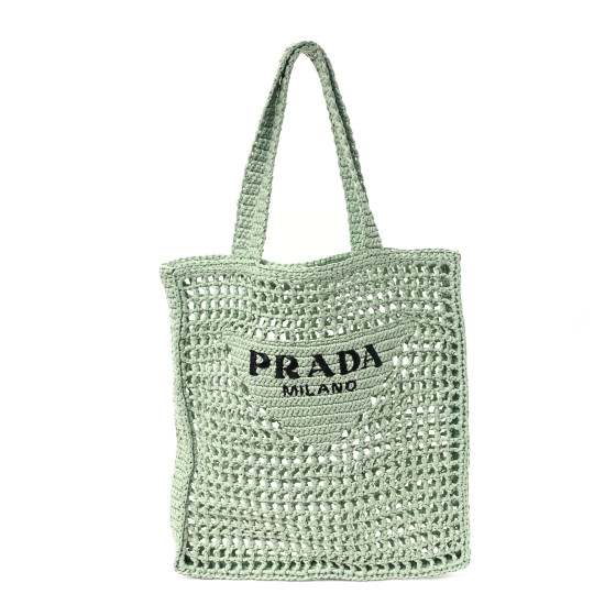 PRADA Yarn Raffia Effect Crochet Logo Embroidered Tote Bag