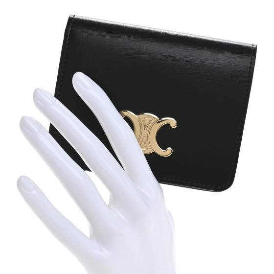 CELINE Shiny Calfskin Triomphe Compact Wallet Black 1666554