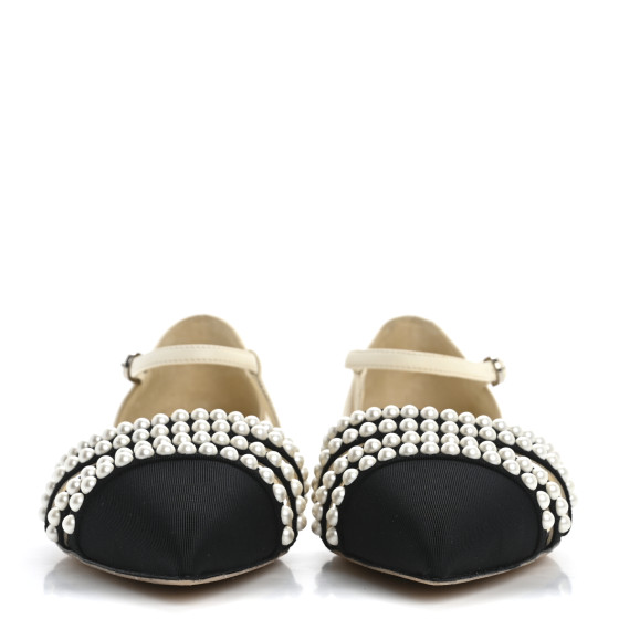 CHANEL Lambskin Grosgrain Pearl Slingbacks 38.5 White Black