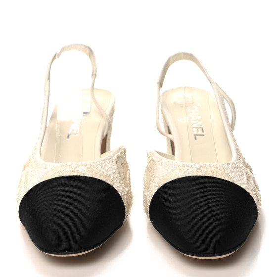 CHANEL Strass Sequin Grosgrain Cap Toe CC Slingback Pumps 40