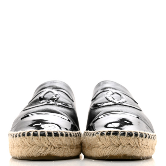 CHANEL Goatskin Patent Calfskin CC Espadrille Mules 40 Black