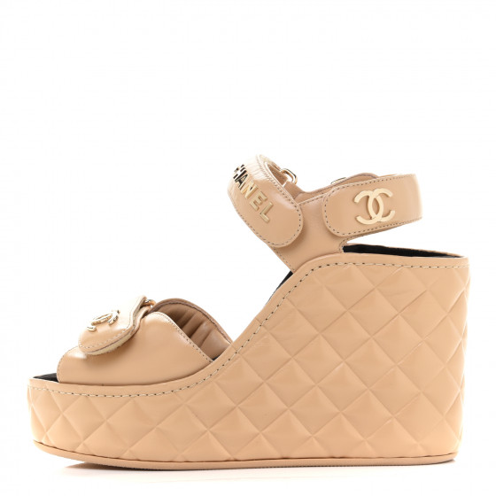 CHANEL Shiny Calfskin Quilted Wedge Sandals 36 Beige 922822