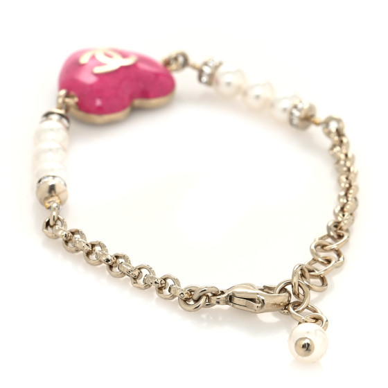 CHANEL Resin Crystal Pearl Chain Heart CC Bracelet Pink