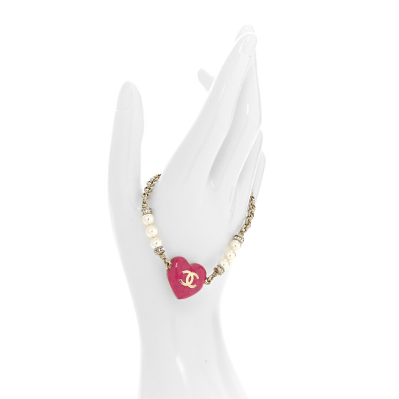 CHANEL Resin Crystal Pearl Chain Heart CC Bracelet Pink