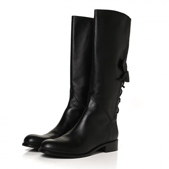 VALENTINO GARAVANI Calfskin Bow Lace Up Back Knee High Tall