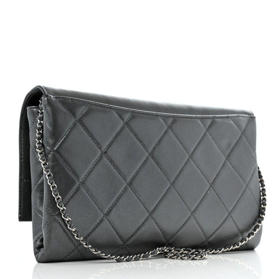 CHANEL Metallic Lambskin Quilted Retro Label Clutch Charcoal
