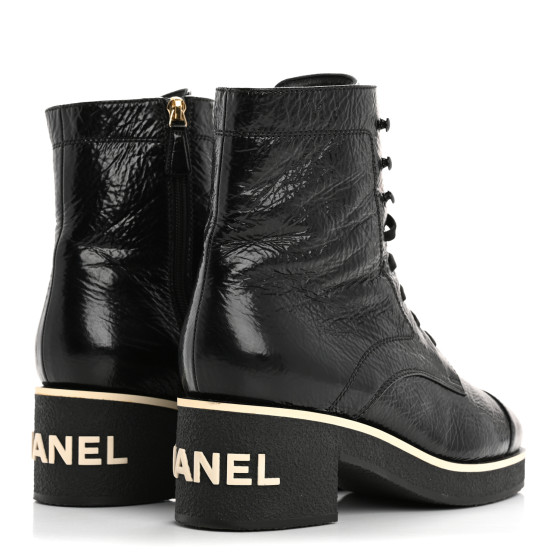 CHANEL Shiny Crumpled Lambskin Lace Up Combat Boots 42 Black