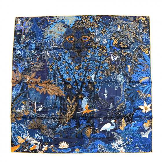 HERMES Silk Wild Singapore Scarf 90 Bleu Roy Gold Marine