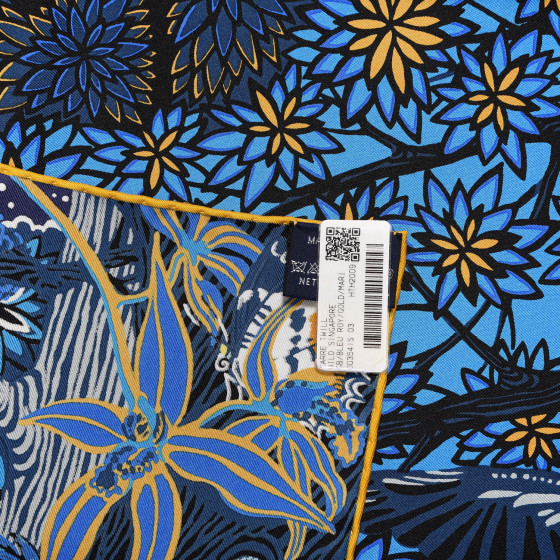 HERMES Silk Wild Singapore Scarf 90 Bleu Roy Gold Marine