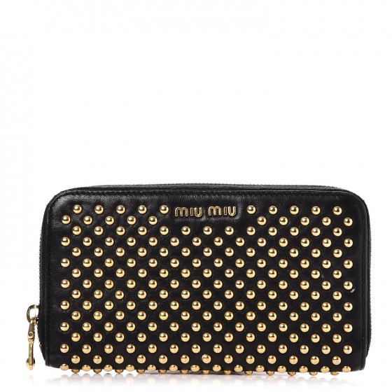 Good Miu Miu Studded Leather Zippy Wallet Black Women's