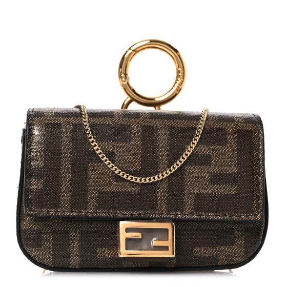 FENDI Glazed Fabric FF 1974 Nano Baguette Charm Mogano Panna  