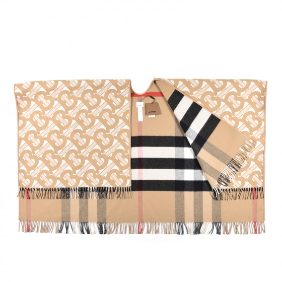 BURBERRY Cashmere TB Monogram Check Reversible Cape Scarf