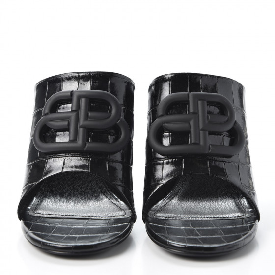 BALENCIAGA Calfskin Croc Embossed Oval BB 90mm Slide Sandals