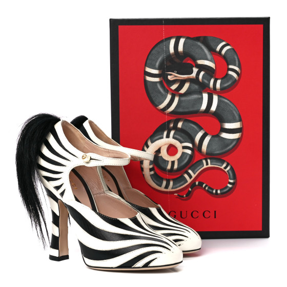 GUCCI Malaga Kid Fur Zebra Inlay Lesley Mary Jane Pumps 37
